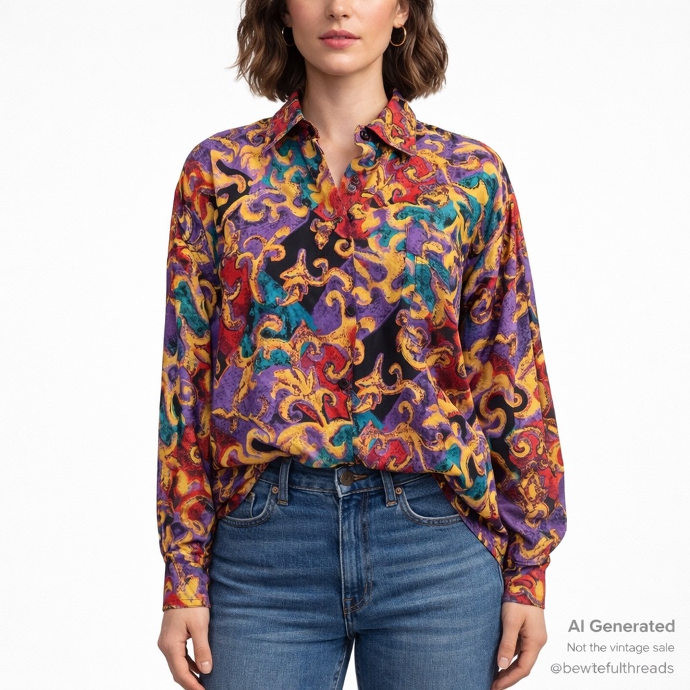 Joule M Multicolor Baroque Silk Blouse Vintage 80s Statement
